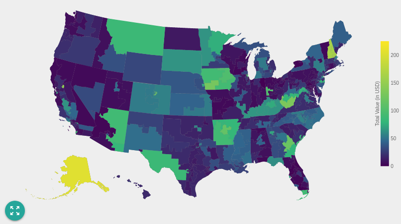 Heatmap of congressional districts highlighting spending per voter